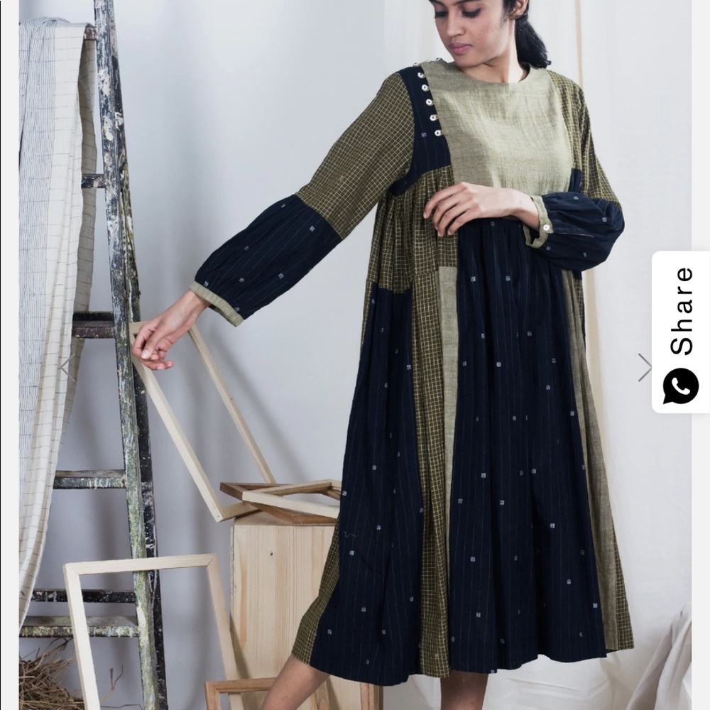 Tarama - Mix & match cotton jamdani gathered dress. NEW- handmade so no tags-